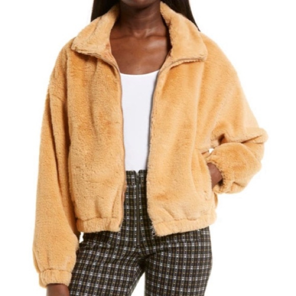BP. Tan Crop Faux Fur Zip Up Jacket